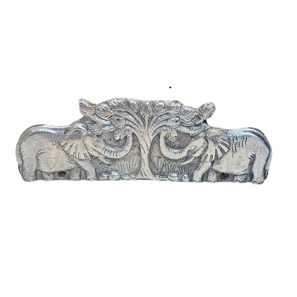 Vintage Elephant Wood and Silver Metal Napkin Holder Letter Sorter Rustic Safari